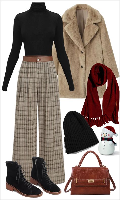 Winter College Outfits Cold Weather, Plaid Pants Outfit Winter, Chic Christmas Party, Jewish Women Fashion, Acubi Outfit, Casual Office Fashion, College Outfits Cold Weather, Christmas Party Outfit Work, Plaid Pants Outfit