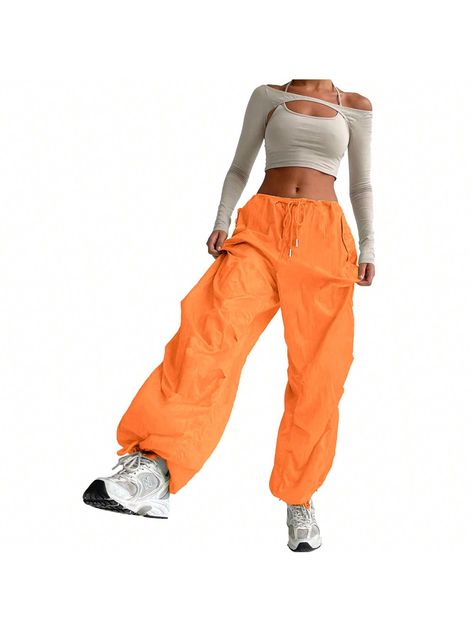 Naranja Casual Collar   Liso Pantalones cargo Embellished Orange Track Pants Outfit, Orange Parachute Pants, Orange Cargo Pants Outfit, Cargo Pants Women Baggy, Red Cargo Pants, Comicon Cosplay, Hip Hop Dance Outfits, Y2k Street Style, Track Pants Outfit