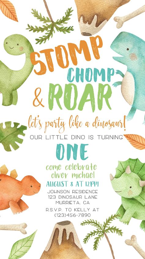 Stomp Chomp and Roar Birthday Evite, Dinosaur Birthday Invitation, Boy First Birthday, Text Invite, Editable Mobile Invite, Instant Download - Etsy Canada Dinosaur Birthday Theme, Baby First Birthday Themes, Dinosaur Birthday Party Decorations, Birthday Evite, Boys First Birthday Party Ideas, Dinosaur Themed Birthday Party, Baby Birthday Themes, Dinosaur Birthday Invitations, Dino Birthday Party