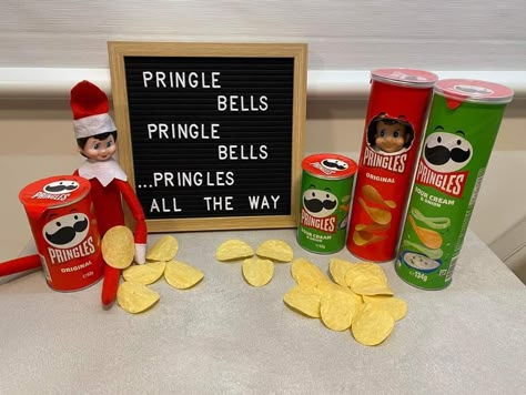 Ideas To Bring Elf On The Shelf Back, Elf Return Ideas With Gift, Elf Day One Ideas, Pringle Elf On The Shelf, Elf On Shelf Pringles, Candy Elf On The Shelf Ideas, Elf On The Shelf Group Ideas, Pringle Bells Elf, Elf On Shelf Food Ideas