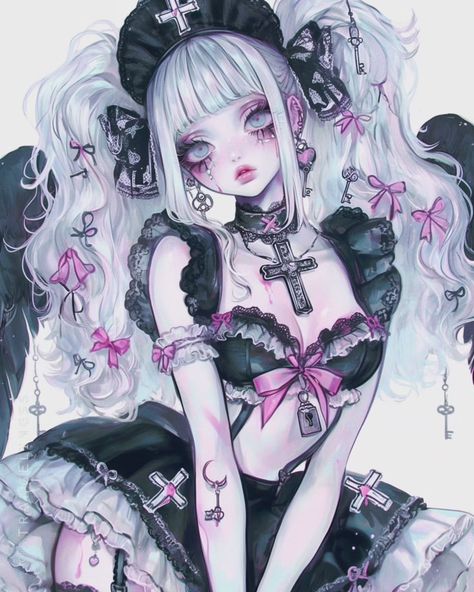 . 🗝️ 🖤🩷 "*:·. Follow➻ @strangelingss #anime #goth #pastel Anime Goth Female, Goth Kawaii Art, Horror Art Ideas, Girly Profile, Goth Female, Pinup Tattoo, Anime Goth, Goth Kawaii, Pin Up Tattoos