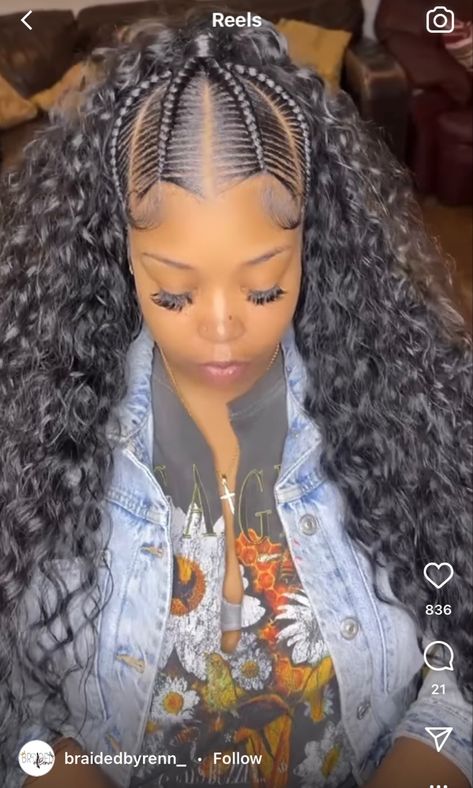 Braid Styles With Weave, Feed Ins, Curly Weave, Sew In Hairstyles, Curly Weave Hairstyles, Curly Weaves, Braided Styles, Braided Cornrow Hairstyles, Feed In Braid