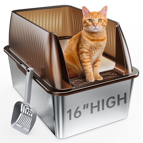 PRICES MAY VARY. [Extra Large Litter Boxes]: This XLarge stainless steel cat litter box measures 23. 7"L * 16"W * 16"H and can hold 30L of cat litter. The extra large design provides plenty of space for the largest cats, enjoying herself rolling and turning round and round in the extra large cat litter box for fun like never before! The perfect solution for cat owners seeking a durable and spacious xxl stainless steel litter box with high sides [High Peeing Cat Solution]: If you have some kittie Litter Box Solutions, Hidden Litter Box Ideas Small Spaces, Kitty Litter Box Ideas, Cat Litter Box Ideas, Litter Box Ideas, Cat Litter Box Ideas Hidden, Pretty Cat Litter Boxes, Fancy Cat Litter Boxes, Cat Litter Cabinet