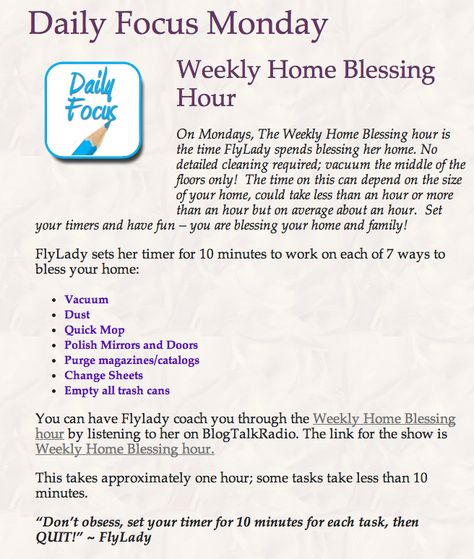 Weekly Home Blessing Hour Flylady Daily Focus, Flylady Weekly Home Blessing, Fly Lady Weekly Home Blessing, Fly Lady Cleaning Schedule, Weekly Home Blessing, Flylady Routines, Cleaning Schedule Weekly, Fly Lady Cleaning, Household Cleaning Schedule