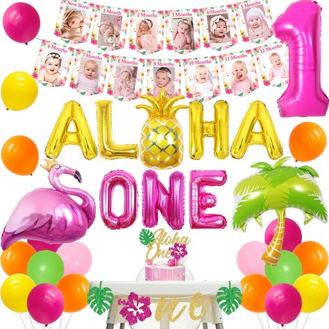 PRICES MAY VARY. hawaiian 1st birthday party decorations aloha 1st birthday photo banner for baby from newborn to 12 months tropical first birthday party decorations flamingo siam flower summer beach party supplies Monthly Photo Banner: The Hawaii theme photo banner uses the aloha print pattern as the theme, which is perfect for little one's first birthday, will surely make a great decoration for your home, mantel, wall or fireplace, and to record the meaningful year of your babies. Unique Desig Hawaiian 1st Birthday Party Girl, First Birthday Luau Girl, First Luau Birthday Party Girl, Cake Topper Number, Monthly Photo Banner, Hawaii Theme, Pineapple Theme, Luau Birthday Party, Birthday Photo Banner