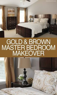 MASTER BEDROOM GOLD & BROWN MAKEOVER. Simple makeover with a classic color palette. Love this final look! Grey Walls Brown Furniture Bedroom, Bedroom Color Schemes With Dark Brown Furniture, Mahogany Bedroom Ideas Modern, Gold Tone Bedroom Ideas, Bedroom Paint Ideas With Brown Furniture, Gray Bedroom With Gold Accents, Bedroom Ideas With Brown Bed, Dark Brown And Gold Master Bedrooms, Gray Bedroom With Brown Furniture