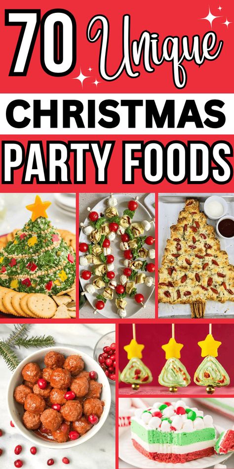 Fun Christmas party food ideas! Easy Christmas entertaining food for hosting or potlucks like holiday snacks, crockpot appetizers, finger foods, side dishes, desserts, and dinner recipes for a crowd. Cheap Christmas party food on a budget. Christmas eve party dishes, food to make for christmas party, holiday food ideas, christmas themed party food list, fun christmas food ideas parties, xmas party food, good ideas for christmas party, christmas dishes food holiday parties, christmas buffet ideas Christmas Food For Work Party, Christmas Party Food Ideas For Adults, Christmas Party Dinner Food, Christmas Shower Food Ideas, Christmas Easy Party Food, Party Food For 15 People, Christmas Themed Party Food Ideas, Savory Christmas Party Snacks, Christmas Fruit Kabobs For Party