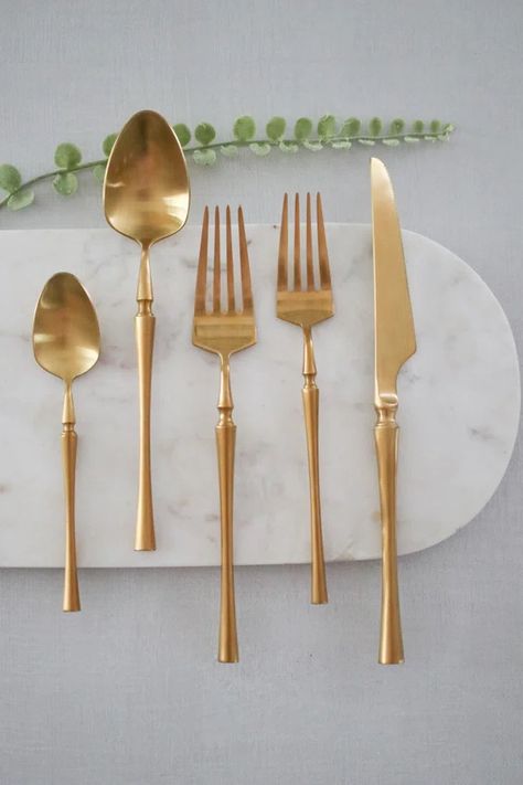 Marcel Ardani Milan Matte Gold Flatware (service for 4) Kitchen Sconces, Trim Paint Color, Gold Flatware, Island Countertops, Picture Frame Molding, Stainless Steel Dishwasher, Green Cabinets, Kitchen Runner, Painting Trim