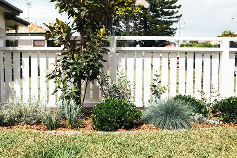 Long Jetty Renovation Front Facade Reveal - Kyal & Kara : Kyal & Kara Coastal Front Gate Entrance, Front Yard Beach House, Aluminium Front Fence Ideas Australia, Hampton Style Front Fence, Coastal Front Fence, White Timber Fence, Front Fence Ideas Australia, Kyal Kara, Hamptons Fence