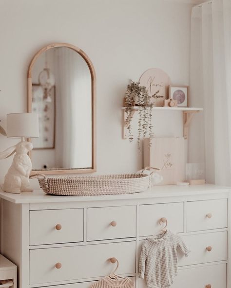 25+ *Best* Natural Nursery Ideas (Beige Nursery Decor, Design & Ideas) - 2023 Mirror In Baby Nursery, Arched Mirror Nursery, Arch Mirror Nursery, Wall Shelves Above Dresser, Nursery Mirror And Shelves, Above The Dresser Nursery Decor, Arch Mirror Above Dresser, Shelving In Nursery, Nursery Corner In Bedroom