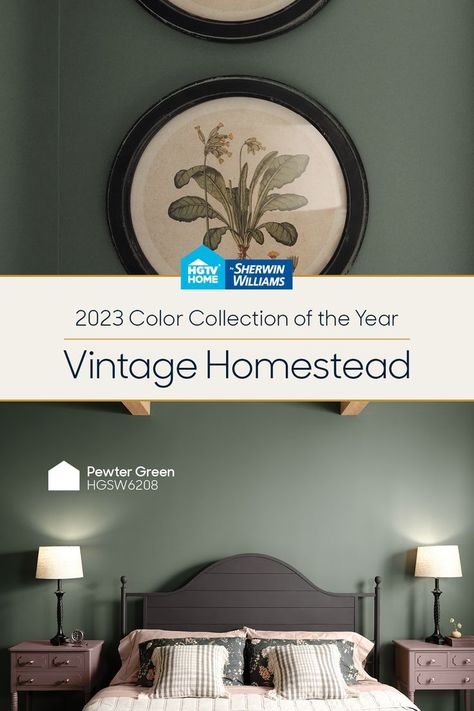 Announcing our 2023 #ColorCollectionoftheYear Vintage Homestead! Classic elegance and vintage-inspired shades come together to re-shape what polished comfort looks like. Pewter Green (HGSW6208), a rich shade rooted in nature, adds a bold statement when paired with any of the colors within the Collection. 2023 Bedroom Colors, Paint Color Of The Year, Vintage Homestead, Paint Color Trends, Colors For Home, Farmhouse Paint Colors, 2023 Color, Room Paint Colors, Interior Paint Colors