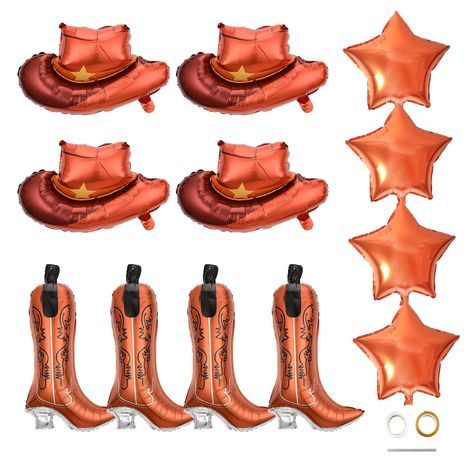 PRICES MAY VARY. Package& Size: Totally 12pcs western party decorations balloons are in one package includes 4pcs cowgirl boot balloons and 4pcs cowgirl hat balloons , 4pcs 18inch brown star balloons, 2 roll of ribbon and a straw are in one package. Each cowgirl boot balloon measures about 15.7*31.5in/46*80cm. Each cowgirl hat balloon measures about 18.9*24.4in/48*62cm. High-quality Material: Crafted from sturdy aluminium film, these western party decorations balloons are long-lasting, self seal Same Cowboy Forever Bachelorette Party, Rodeo Decorations Western Theme, Rodeo Party Decorations, Rodeo Decorations, Cowboy Party Decorations, Western Party Decorations, Birthday 25, Cowboy Theme Party, Party Decorations Balloons