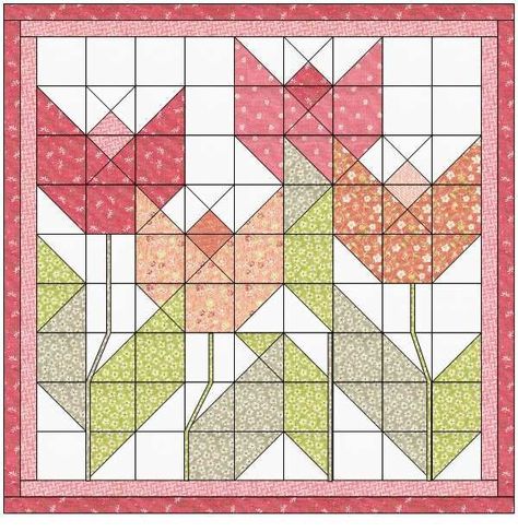 Spring Barn Quilts, Tulip Quilt Pattern, Easter Quilts Wall Hangings, Half Square Triangle Blocks, Vintage Quilt Blocks, Easter Quilt, Quilted Wall Hangings Patterns, Tulip Quilt, Easter Wall Hanging