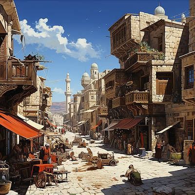 wealthyp oneers 3d Kand nsky style Ottoman Turk sh Street Sce 40f7ca61 93e9 44a7 bb47 e45b14ce4e92 0 by Romed Roni Arabic City, Trench Crusade, Fantasy Cities, Style Ottoman, Fantasy Town, Perspective Drawing Architecture, Hot Desert, Location Inspiration, Architecture Drawing Art