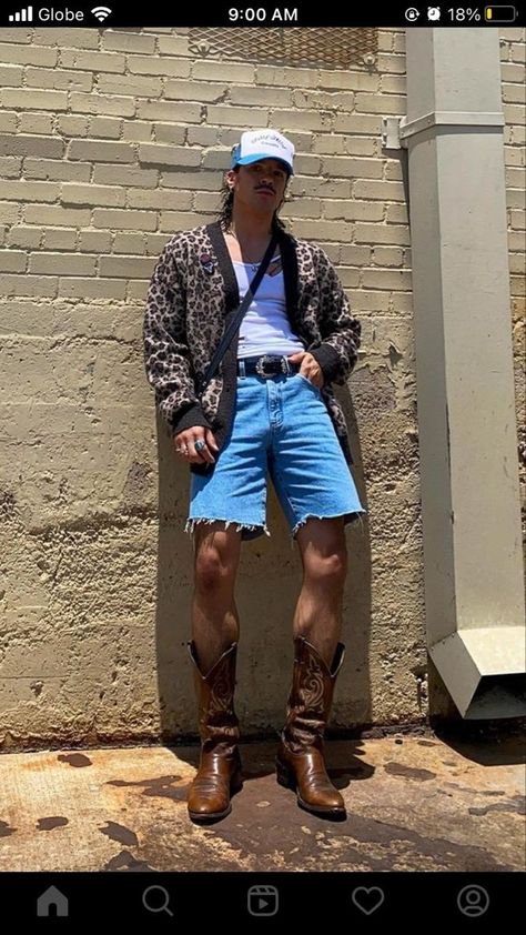 Coachella Men Outfit Ideas, Cowboy Boots With Shorts Men, Styling Cowboy Boots Men, Men’s Cowboy Boots Outfit, Cowboy Boot Outfits Mens, Brown Boots Outfit Men, Cowboy Boots Outfit Mens, Hipster Cowboy, Cowboy Outfit Men