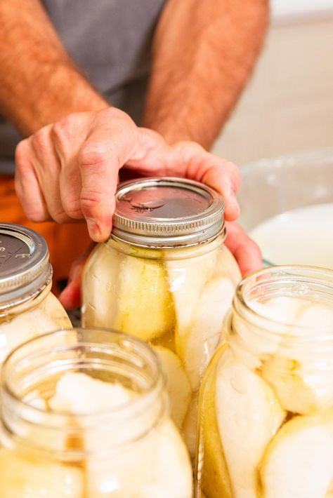 If you're looking for a straightforward, easy canning recipe, then this recipe for how to can pears is the one for you! A simple syrup is poured over sliced pears, and into the water bath they go. A few minutes later, the pears are ready to go for months to come! | wyseguide.com #canning #recipe #pears #preserving #fall're looking for a straightforward, easy canning recipe, then this recipe for how to can pears is the one for you! A simple syrup is poured over sliced pears, and into the water ba Canning Pears With Honey, How To Can Pears, Can Pears, Canning Syrup, Canning Water, Canning Pears, A Few Minutes Later, Easy Canning, Canned Pears