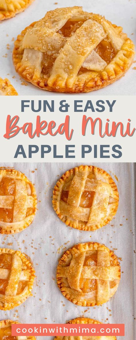 These Baked Mini Apple Pies are so fun and easy to make, you’ll enjoy making them with your family! Now you can eat a whole pie by yourself without the guilt of eating a whole one, because they’re so mini! These mini pies are sure to be a hit at your next picnic, potluck, or party. Easy Mini Apple Pies For Kids, Individual Mini Fruit Pies, Easy Mini Pot Pies, Fall Mini Pie Dessert Board, Picnic Desert Ideas, Mini Apple Pie Bites, Miniature Apple Pies, Thanksgiving Potluck Ideas Desserts, Easy Dessert To Bring To A Party