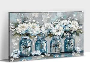 Farmhouse Bathroom Blue, Flowers Painting Canvas, Blue Flowers Painting, Art For Farmhouse, Bathroom Flowers, Pictures Wall Decor, Bathroom Blue, Bathroom Wall Decor Art, Blue Flower Painting