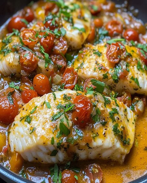 Try this quick and healthy Cod in Tomato Lemon Butter Sauce. Ready in just 30 minutes with fresh herbs, juicy tomatoes, and a zesty lemon Tomato Cod Baked Fish, Baked Cod With Tomatoes And Feta, Cod In Tomato Lemon Butter Sauce, One Pan Cod And Veggies, Cod With Cherry Tomatoes, Cod And Tomatoes Recipes, Italian Cod Fish Recipes, Cod And Tomatoes, Healthy Cod Recipes