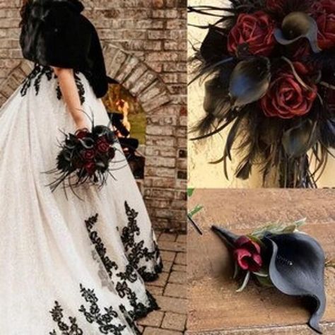 Moody Bouquet, Bouquet Calla Lily, Red Rose Boutonniere, Dahlia Wedding Bouquets, Black Calla Lily, Goth Bride, Wood Roses, Black Bouquet, Everlasting Bouquet