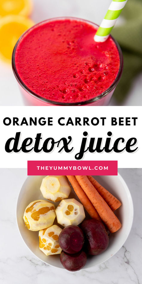 This homemade healthy detox juice from The Yummy Bowl is made from fresh beets, carrots, and oranges is amazingly tasty and packed with nutrients. It's rich in Vitamin C, an antioxidant that promotes good blood circulation. It's delicious, nutritious, and incredibly easy. Give it a try! Carrot Detox Juice, Low Calorie Juicing Recipes, Beet Carrot Orange Juice, Best Juicing Recipes Health, Healthy Carrot Juice Recipes, Homemade Beet Juice, Juicing With Beets, Yellow Juice Recipes, Beet Orange Juice