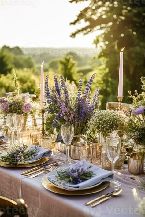 Potted Lavender Wedding, Lavender And Sage Table Setting, French Theme Table Decor, Table Setting Garden Party, Lila Wedding Decoration, Vineyard Wedding Table Decor, Vineyard Decorating Ideas, European Garden Party Wedding, Olive And Lavender Wedding