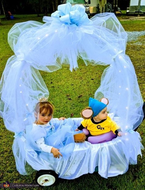 Cinderella & Gus's Royal Ride Costume | Creative DIY Costumes Cinderella And Pumpkin Costume, Cinderella Costume Family Halloween, Cinderella And Gus Gus Costume, Trunk Or Treat Cinderella, Family Cinderella Halloween Costumes, Cinderella Wheelchair Costume, Cinderella Costume Toddler, Cinderella Trunk Or Treat, Gus Gus Costume