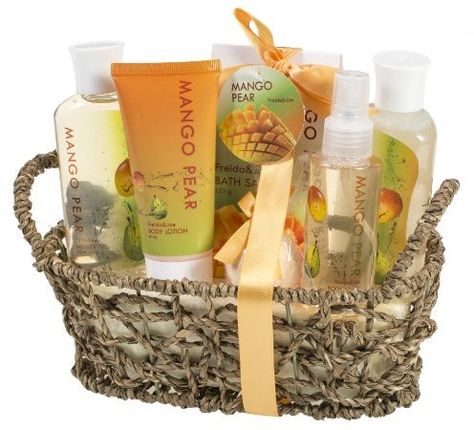 Mango Pear Spa Gift Set Woven Antique Basket,Shower Gel, Bubble bath,Bath Salt,Body Lotion, Body Spray, Bath Fizzer Antique Basket, Bath Fizzers, Spa Gift Set, Bath Gift Set, Spa Gift Basket, Bath Gift, Spa Gifts Set, Bath Salt, Spa Gift