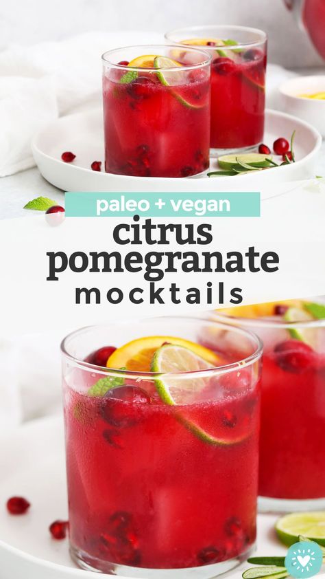 Sparkling Citrus Pomegranate Mocktail - This bright, crisp pomegranate drink has a delicious sweet-tart flavor and just enough bubbles to keep things fun. You'll love it all holiday season! (Paleo & Vegan) // holiday mocktail recipe // paleo mocktail // vegan mocktail #paleo #vegan #mocktail #nonalcoholic #drink #christmas #newyears #thanksgiving Paleo Mocktail, Pomegranate Mocktail Recipes, Mocktail Christmas, Mocktail Healthy, Vegan Mocktail, Pomegranate Mocktail, Pomegranate Drink, Healthy Mocktail, Christmas Mocktail