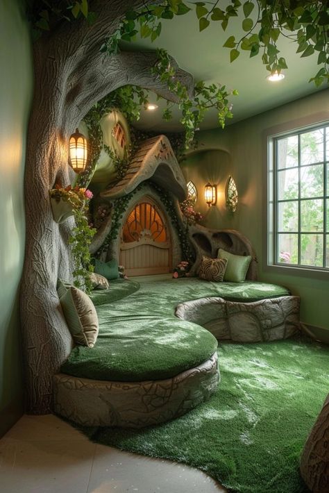 29 Basement Playroom Ideas for a Stylish and Fun Area 7 Forest Themed Library, Enchanted Forest Room Ideas, Fairy Playroom, Playhouse Themes, Nature Playroom, Forest Playroom, Forest Hideaway, Enchanted Forest Room, Basement Playroom Ideas