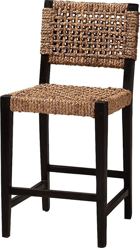 Enjoy a more tropical ambiance in your space with the enchanting Degiorgio brown counter stool. This boho piece is constructed from solid mahogany wood. The backrest and seat are embellished with woven banana fibers interlaced to form a smooth embrace. The Degiorgio will arrive fully assembled and features ergonomic footrests on each side for enhanced relaxation. A candid presentation of exotic craftsmanship, the Degiorgio transforms the mood of any occasion. Due to the nature of the natural mat Wicker Stools Kitchen Island, Barstools In Kitchen With Backs, Kitchen Barstools, Woven Stool, Cane Back Counter Stool, Black Rattan Bar Stools, Woven Leather Barstool, Wicker Counter Stools, Black And Cane Counter Stool