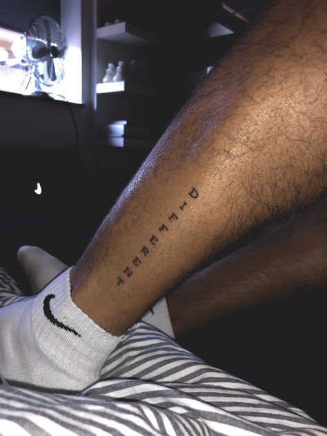 Guys Calf Tattoo, Leg Tattoo Placement Ideas Men, Leg Line Tattoo Men, Tattoos For Guys Leg Calf, Small Tattoo Leg Men, Men’s Small Leg Tattoos, Godspeed Leg Tattoo, Leg Tattoo Men Quote, Men Small Leg Tattoo