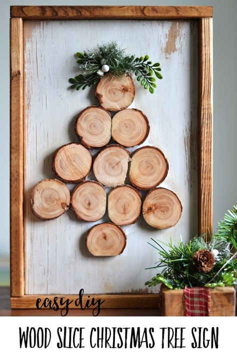 How to Make a Wood Slice Christmas Tree Sign | Add some farmhouse style to your decor - or make this easy project as a gift. Click to find all the steps and details. #christmas #homemadechristmas #modernfarmhouse #crafts #harbourbreezehome Wood Slice Tree, Wood Slice Christmas Tree, Wood Slice Christmas Crafts, Wooden Christmas Crafts To Sell, Christmas Wood Projects, Winter Wood Crafts, Diy Farmhouse Decoration, Christmas Tree Sign, Wood Slice Christmas