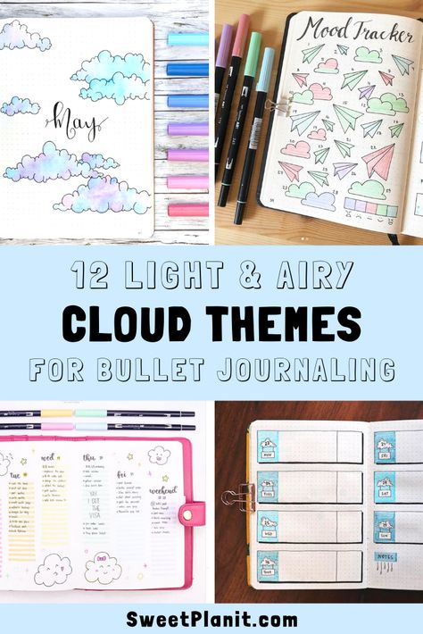 Easy to create CLOUD theme pages for your bullet journal. Pages include monthly and weekly spreads, habit trackers, and mood trackers. These light and airy pages are a fun addition to any bujo spread. #bulletjournal #bulletjournaling #clouds #pageideas #spreads #themes Clouds Journal Ideas, Cloud Bujo, Cloud Bujo Theme, Weather Tracker Bullet Journal, Cloud Bullet Journal, Monthly Mood Tracker Bullet Journal, Cloud Theme, Zebra Mildliner, Bullet Journal Month