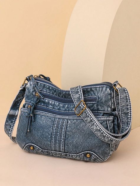 Blue Casual,Fashionable Collar  Polyamide Plain Messenger Bag Embellished   Women Bags Recycled Denim Bags, Mothers Bag, Denim Crossbody, Denim Handbags, Denim Purse, Denim Shoulder Bags, Wholesale Handbags, Recycled Denim, Wholesale Bags