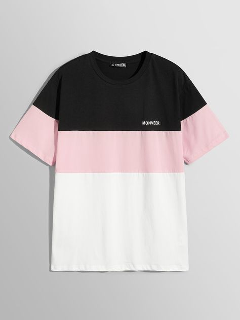 Men Letter Front Color Block Tee -SheIn(Sheinside) Color Block Tshirt, Shirts Shein, Shein Shirts, Striped Tshirt Men, Shein Men, Trendy Shirt Designs, Color Block Tee, Tshirt Design Men, Fur Clothing