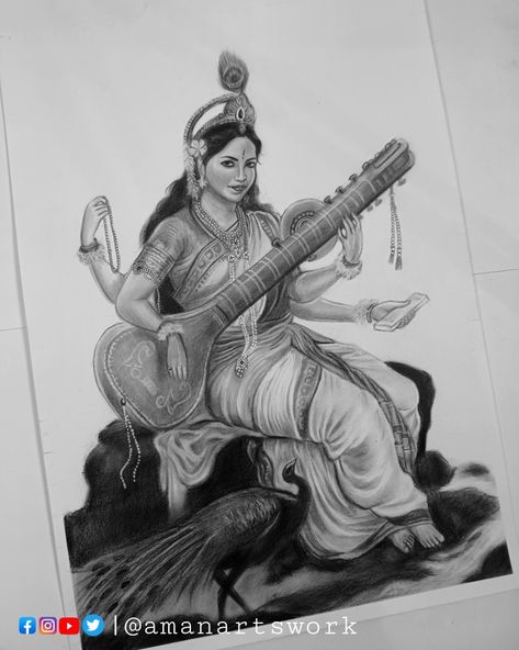 How to draw Saraswati ma realistic drawing with Graphite pencil Sarswati Maa Drawings, Saraswati Devi Drawing, Maa Saraswati Drawing, Saraswati Drawing, Lord Saraswati, Ma Saraswati, Drawing Shading, Saraswati Mata, Maa Saraswati