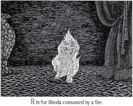 "R" is for Rhoda consumed by a fire; 2003 The Gashlycrumb Tinies engagement calendar Gashlycrumb Tinies, John Kenn, Edward Gorey, Unusual Animals, Alphabet Book, Alphabet Illustration, Ink Pen Drawings, Drawing For Kids, Ink Drawing