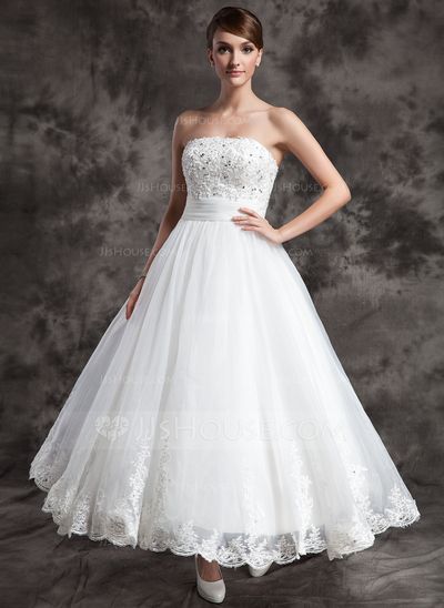 [£ 126.00] A-Line/Princess Strapless Ankle-Length Satin Organza Wedding Dress With Lace Beading (002015003) Wedding Ball Gown Princess, Satin Wedding Dress With Lace, Ankle Length Wedding Dress, Wedding Dresses Uk, Wedding Dress Organza, Wedding Dress With Lace, Lace Beading, Organza Wedding Dress, Ball Gowns Princess