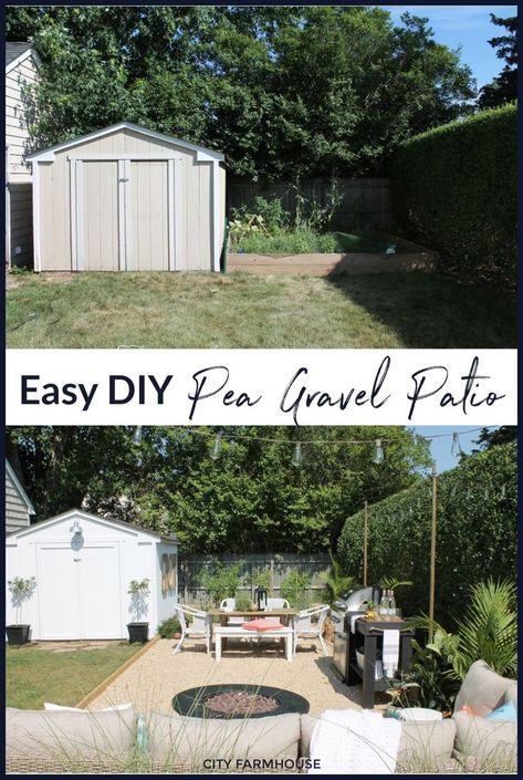 Diy Gravel Patio Ideas, Yard Patio Ideas Budget, Modern Farmhouse Patio Ideas Backyards, Backyard Patio Ideas On A Budget Outdoor Areas Pea Gravel, Diy Gravel Backyard Ideas, Gravel Patio Ideas Budget, Airbnb Backyard Ideas, Mulch Patio Ideas, Gravel Backyard Ideas