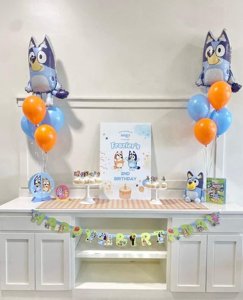 Bluey Cake Table Ideas, Simple Bluey Birthday Party Ideas, Bluey Table Centerpieces, Bluey Birthday Party Decorations Diy, Diy Bluey Decorations, Bluey Table Decorations, Bluey Birthday Party Centerpieces, 2nd Birthday Bluey Theme, Bluey Decorations Party Birthday Ideas