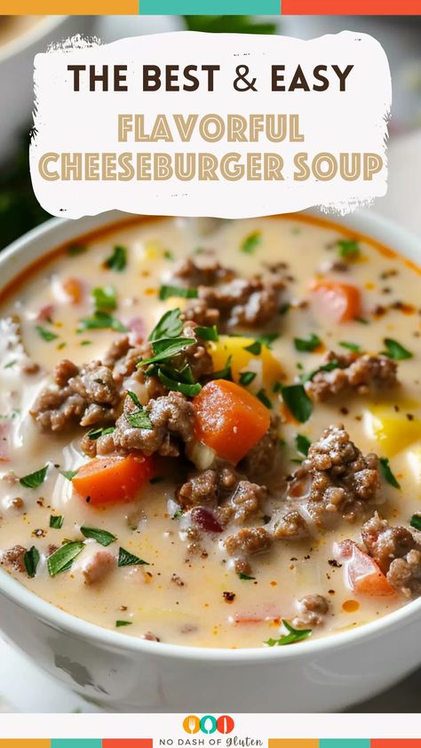 This Flavorful Cheeseburger Soup is the ultimate comfort food! Rich, creamy, and loaded with ground beef, cheddar cheese, potatoes, and veggies, it’s everything you love about a cheeseburger but in a cozy bowl of soup. Ready in just under an hour and perfect for busy weeknights. Give it a try and bring some warmth to your table tonight! Cheeseburger Soup Pickles, Healthy Cheeseburger Soup Recipes, Creamy Potato Cheeseburger Soup, Dill Pickle Cheeseburger Soup, The Cozy Cook Recipes Soup, Extra Creamy Cheeseburger Soup, Cheeseburger Paradise Soup, Cheeseburg Chowder, Healthy Soup Recipes Beef