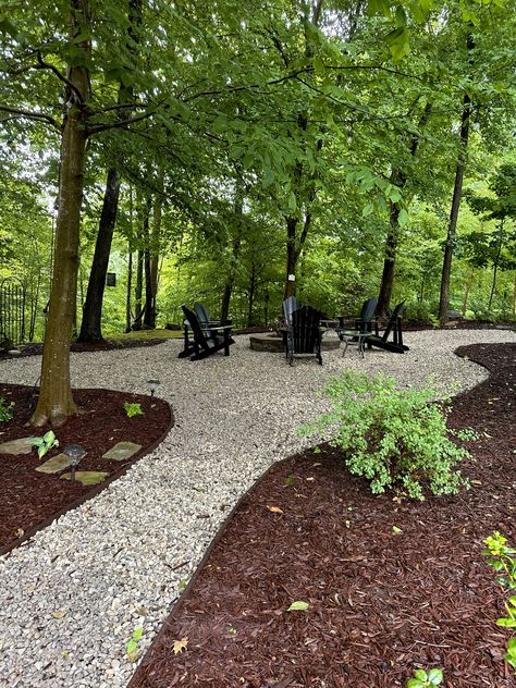 Woodchip Backyard Ideas, Fun Backyard Landscaping Ideas, Firepits In The Woods, Forest Landscaping Ideas Woods, Simple Cabin Landscaping, Woods Backyard Landscape, Wooded Yard Ideas, Adirondack Landscaping, Backyard Landscaping Around Deck