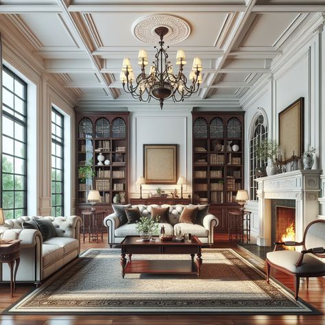 Create a realistic and highly detailed image of a modern colonial style living room. There should be a vintage fireplace with marble surround, beautifully framed by wooden mantel. Large window panes are allowing abundant natural light, complimented by wrought iron chandeliers for room illumination. A large oriental rug on the floor and tasteful artwork on the walls adds a touch of sophistication to overall ambiance of the room. This should serve as an inspiration for a remodel. Big Formal Living Room Ideas, Cozy Chic Living Room, Timeless Living Room Decor, Grand Piano Living Room, Piano Living Rooms, Timeless Living Room, Big Room, Chic Living Room, Grand Piano