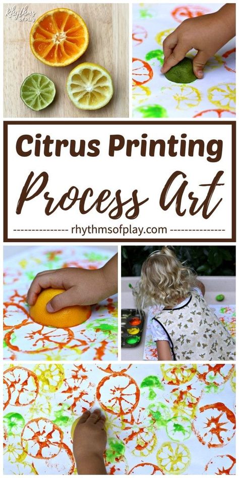 Shape Painting Preschool, Yellow Lesson Plans Preschool, Preschool Art Activities Summer, Preschool Art Materials, Painting With Fruit, Preschool Group Projects, Art Lessons For Preschoolers, Food Projects For Preschoolers, Summer Process Art Preschool