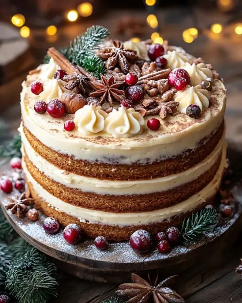 This festive spice cake with eggnog buttercream is packed with warm spices and holiday charm! Perfect for Christmas parties or family celebrations. Try it today and share your creations with us on Pinterest! 🎄🍰 Eggnog Buttercream, Christmas Eve Day, Christmas Dinner Desserts, Eggnog Cake, Holiday Pies, Christmas Cake Decorations, Xmas Cake, Christmas Spices, Gingerbread Cake