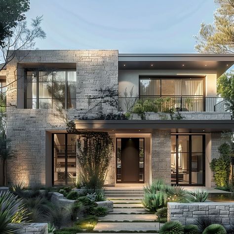 Contemporary Home Architecture, Modern House Design 1 Story, La Modern House, Modern House With Flat Roof, Modern House Exterior Flat Roof, Modern House Design Exterior Flat Roof, Modern Flat House, Contemporary Two Story House Exterior, Stone Building Architecture Modern