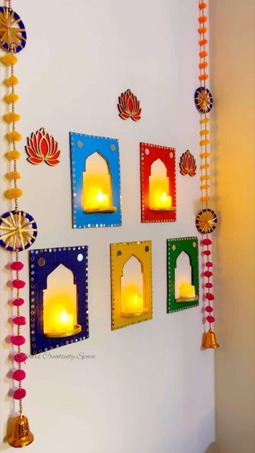 Blenders Pride Bottle Art, Aesthetic Diwali Decor Diy, Hangings For Diwali Decoration, Diya Stand Making Ideas, Diy Diya Stand For Diwali, Diya Stand Diy, Diwali Door Decoration Ideas, Diwali Balcony Decoration, Diya Hangings