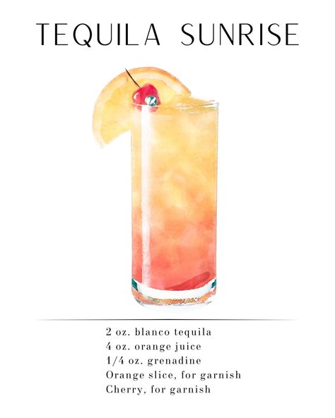 Flirty, fruity, and fun? This Tequila Sunrise printable recipe and artwork (dual purpose!) is the perfect piece for your kitchen or bar cart area.  This product is available for an instant download and scaled for a perfect 8x10 size. Just purchase, print, and frame! No frame or physical product will be sent to you; this is a digital product. Bartender Drinks Recipes, Fun Drinks Alcohol, Bartender Drinks, Pretty Alcoholic Drinks, Cocktail Drinks Alcoholic, Drink Recipes Nonalcoholic, Mixed Drinks Alcohol, Yummy Alcoholic Drinks, Tequila Drinks