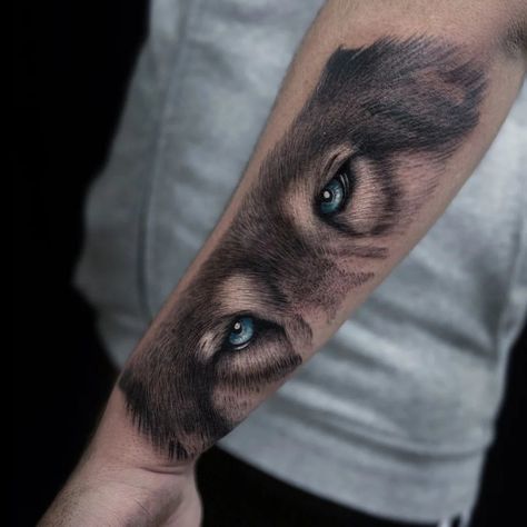 Half Wolf Half Woman Tattoo Eyes, Wolf Blue Eyes Tattoo, Wolf Eye Tattoo Forearm, Tattoos Of Wolves, Warewolf Tattoo, Wolf Tattoo Design Men Arm, Animal Eye Tattoo, Animal Eyes Tattoo, Wolf Eyes Tattoo